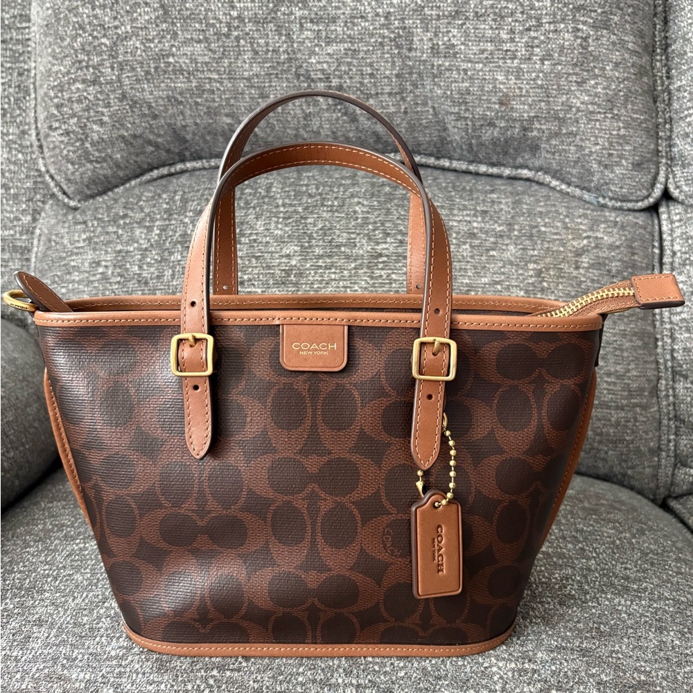 Coach Brown Signature Mini Tote with Tan Leather Trim